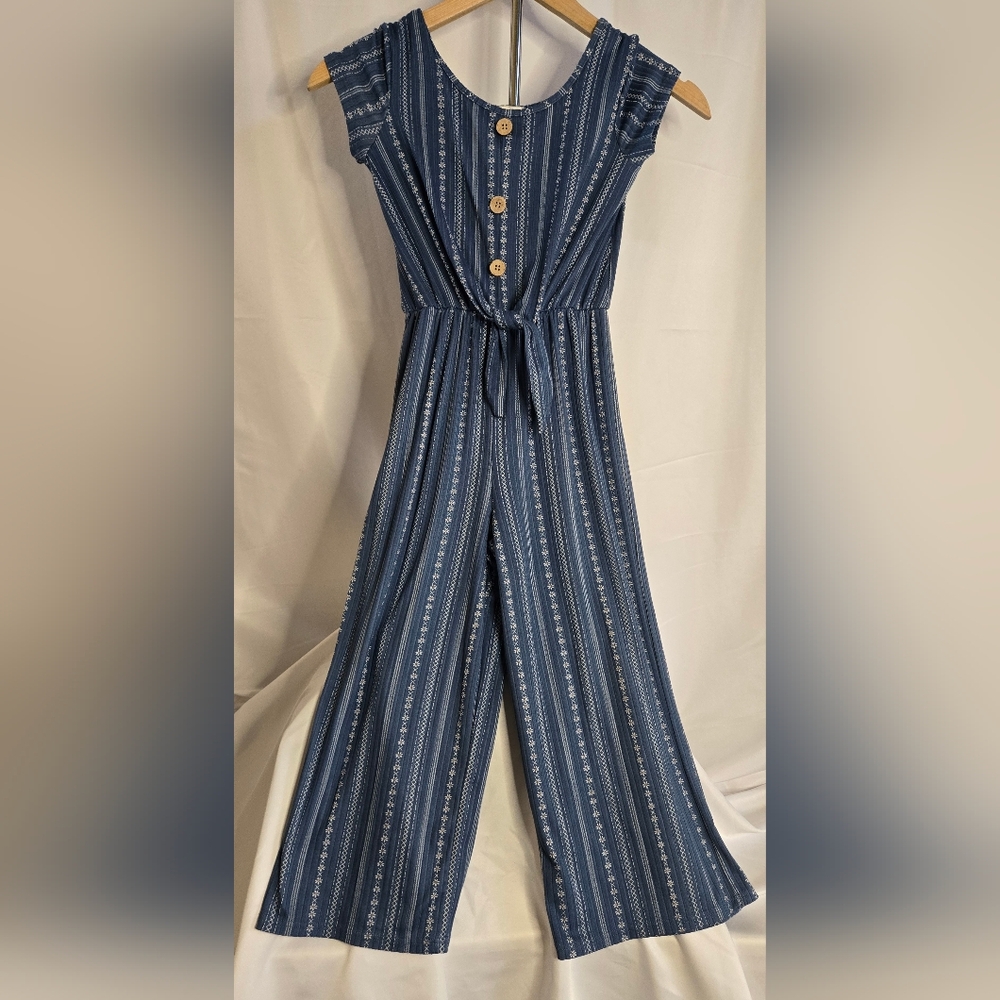 Girls' Navy Striped Cap-Sleeve Jumpsuit with Tie Waist